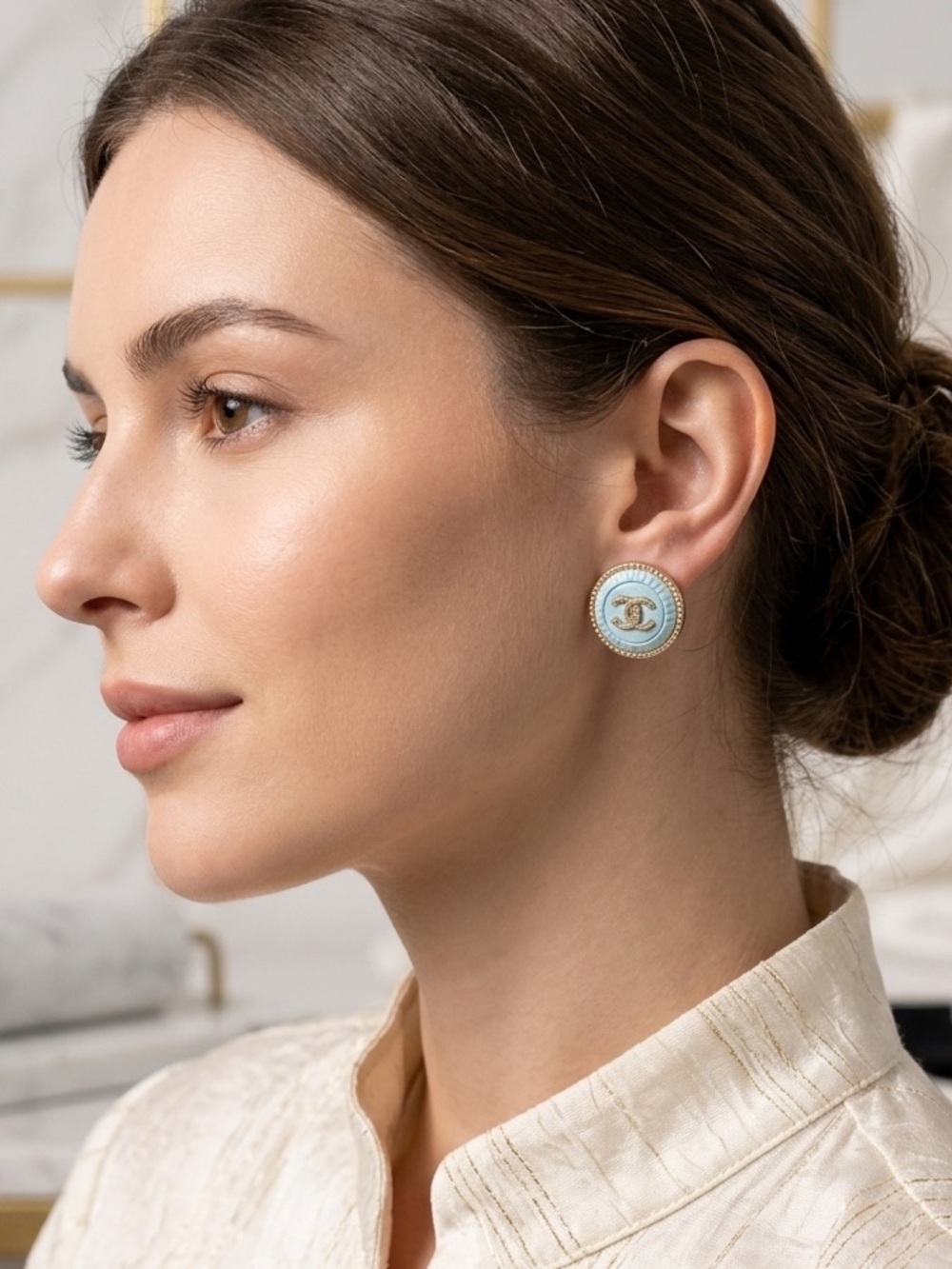 ChaneI Classic Gold Logo Round White Button Earrings